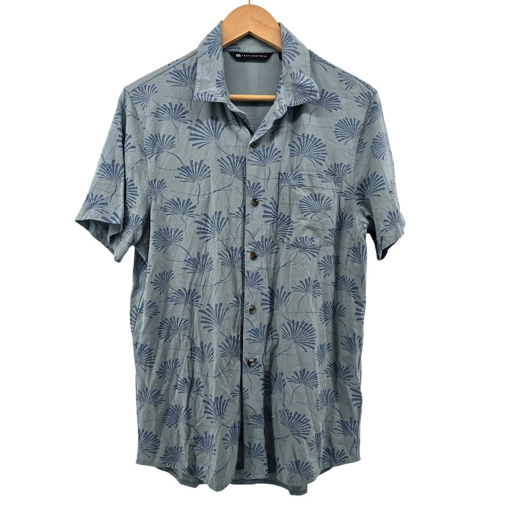 TravisMathew Shirt Mens S Short Sleeve Palm Leaf Blue Button Down EUC
